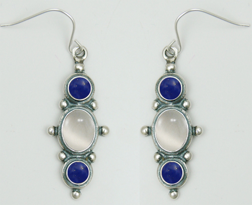 Sterling Silver Drop Dangle Earrings With White Moonstone And Lapis Lazuli